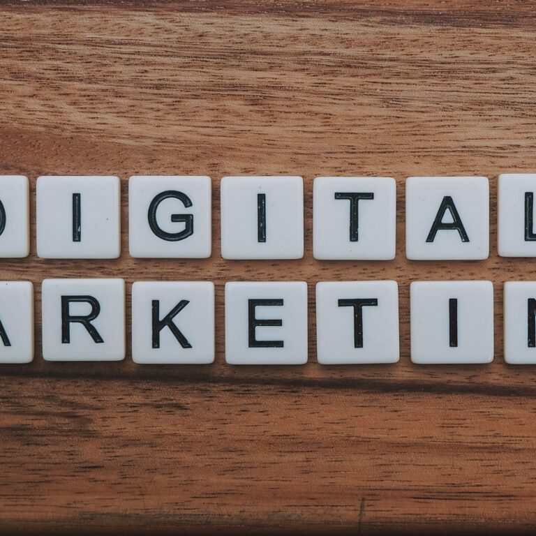 digital marketing artwork on brown wooden surface